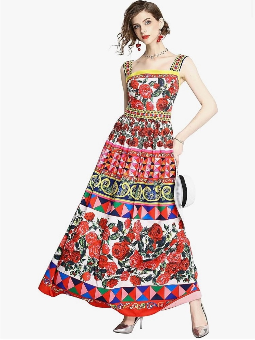Lai Meng 5 Cats Red Floral Maxi Dress with Bold Geometric BordersZ 3X